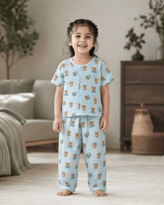 Kids Cotton Night Suit Set - Blue Teddy Bear Print Short Sleeve Pajama Set