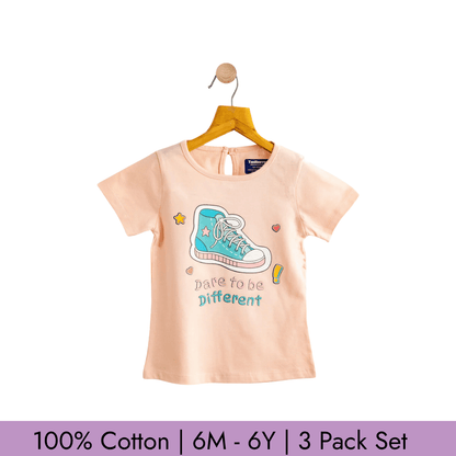 Todlerry Girls T-shirts | Pack of 3 |Soft & Breathable | 100% Cotton