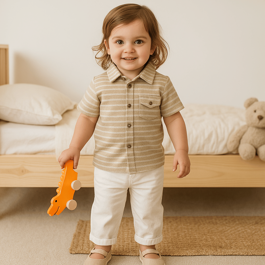 Boys Shirt Grey Strips Soft & Breathable 100% Cotton