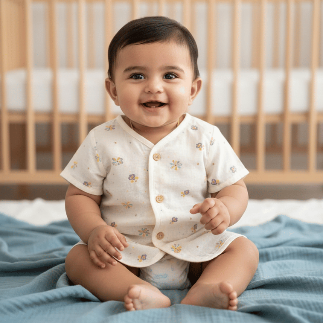 Unisex Comfy Cotton Daisy Petals Jhabla With Soft Short Sleeve Button-Up