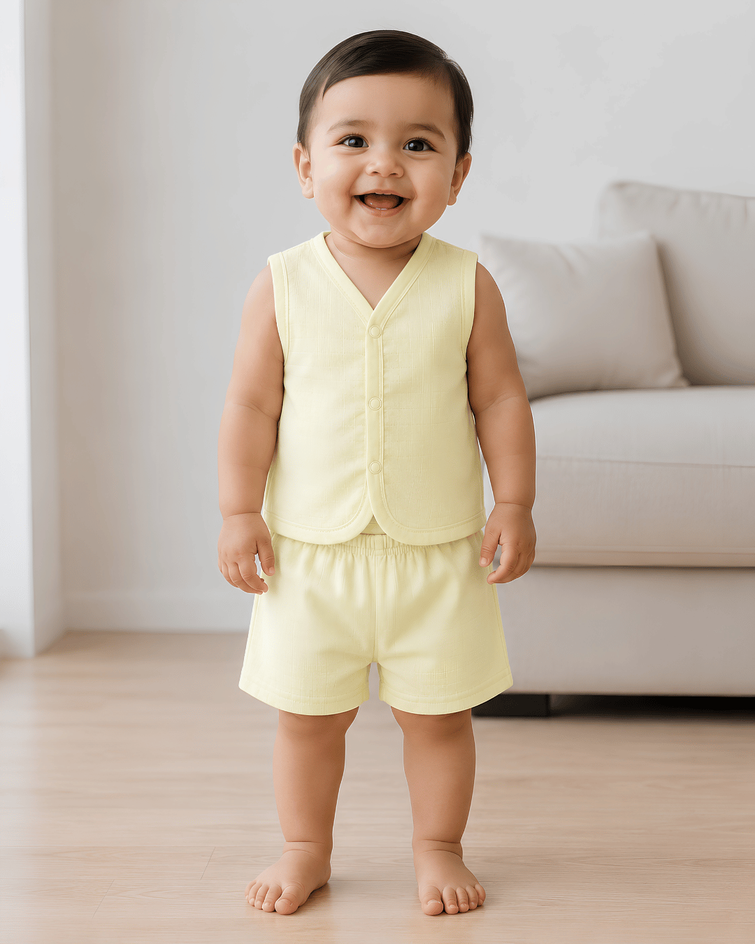 Soft Cotton Baby Light Yellow Colour Jhabla & Shorts Set