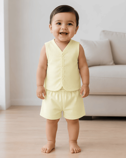 Soft Cotton Baby Light Yellow Colour Jhabla & Shorts Set