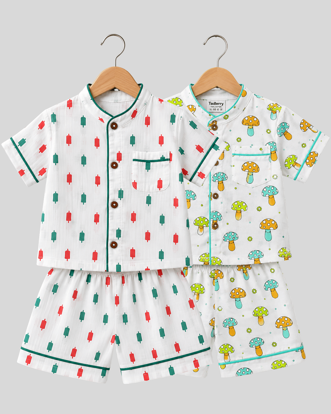 Todlerry Pure Cotton Kids Nightsuits - Pack of 2 Short Sleeve Sets for Boys & Girls