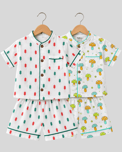 Todlerry Pure Cotton Kids Nightsuits - Pack of 2 Short Sleeve Sets for Boys & Girls