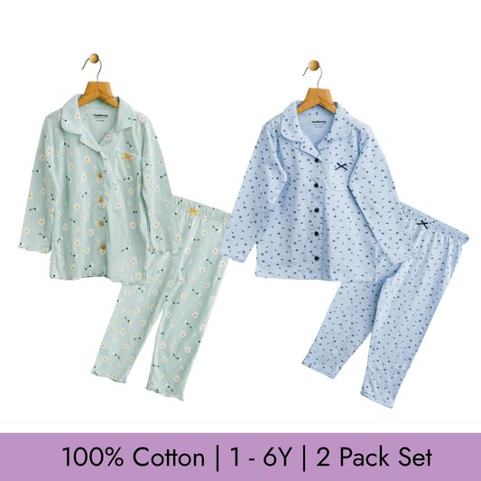 Todlerry Girls Night Suit | Set of 2 | Soft & Breathable | 100% Cotton