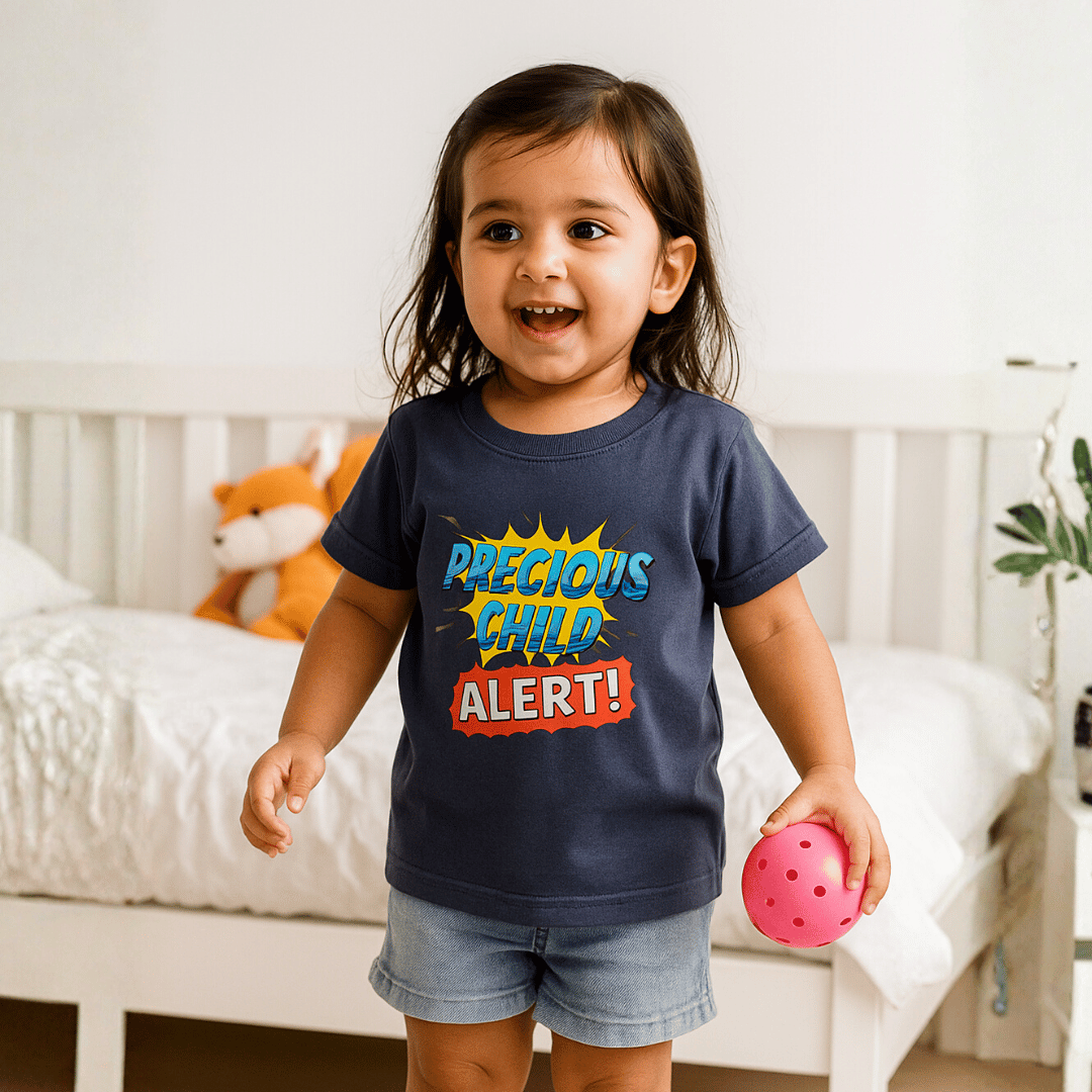 Boys Cotton T-Shirt Dark Blue Precious Alert Print Soft & Breathable 100% Cotton
