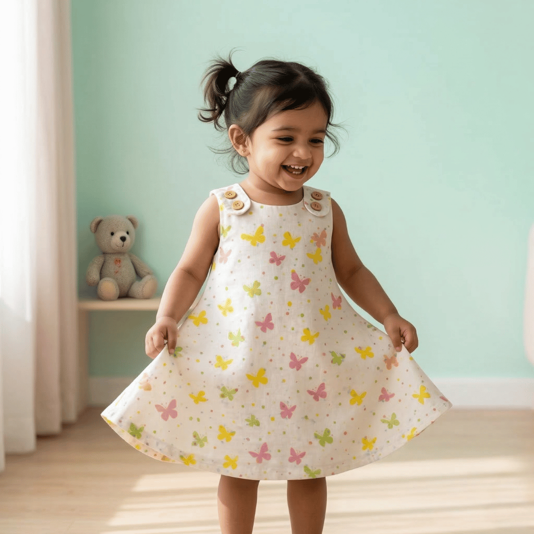 Soft Cotton Sleeveless Frock with Cute Shoulder Buttons