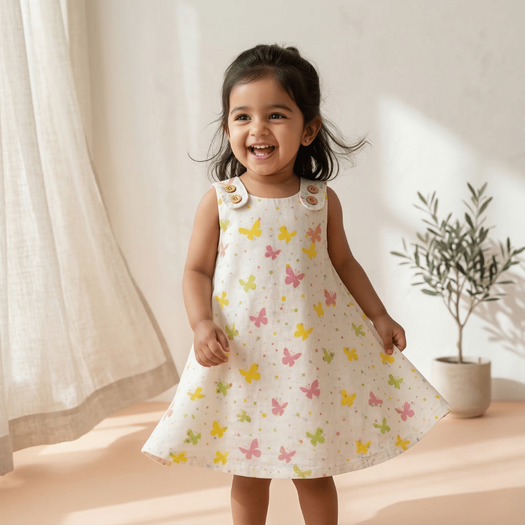 Soft Cotton Sleeveless Frock with Cute Shoulder Buttons