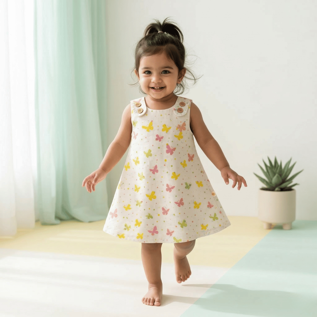 Soft Cotton Sleeveless Frock with Cute Shoulder Buttons