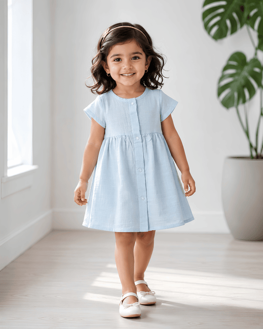 Premium Blue Muslin Half Sleeve Frock – 100% Organic Cotton Baby Dress