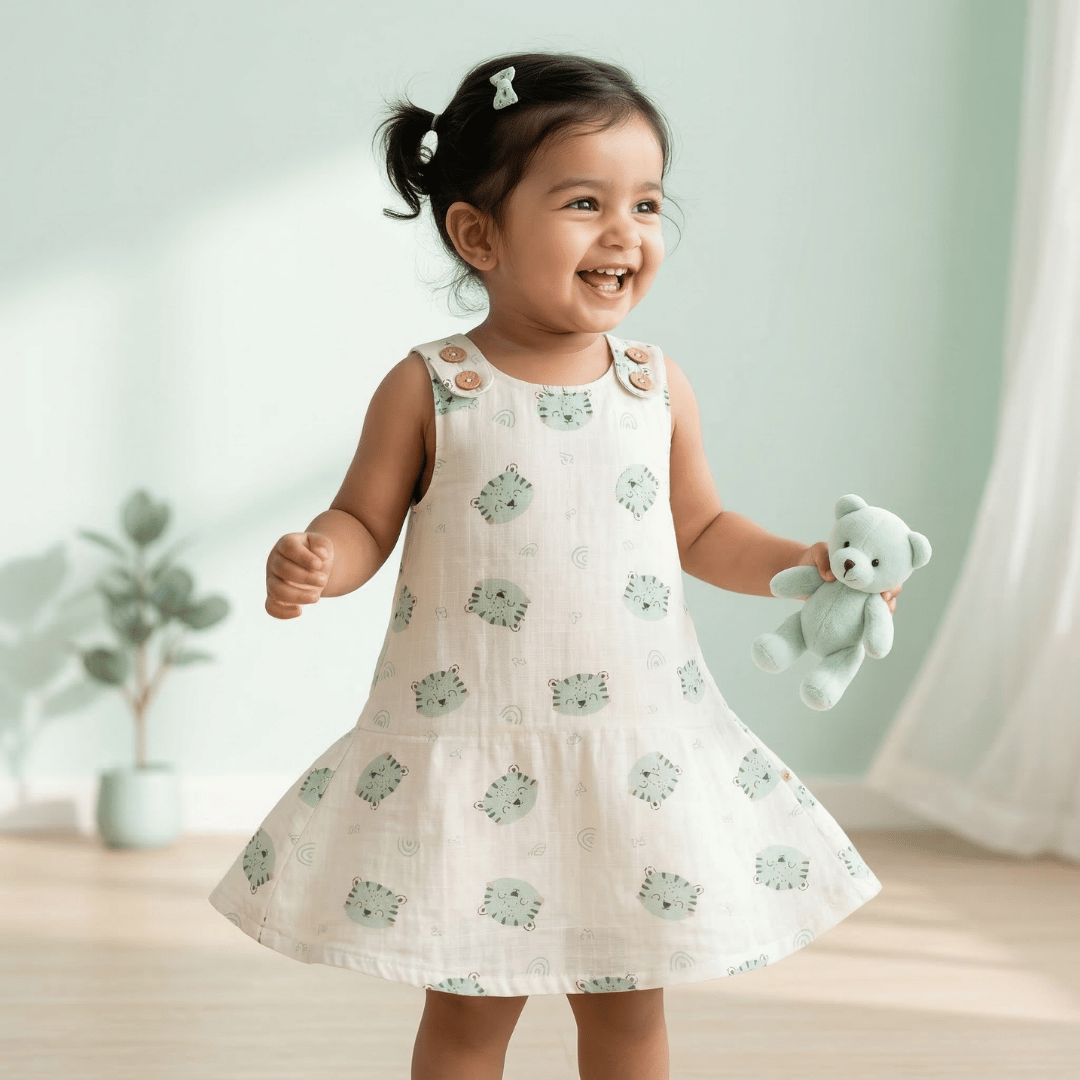Soft Cotton Sleeveless Frock with Cute Shoulder Buttons