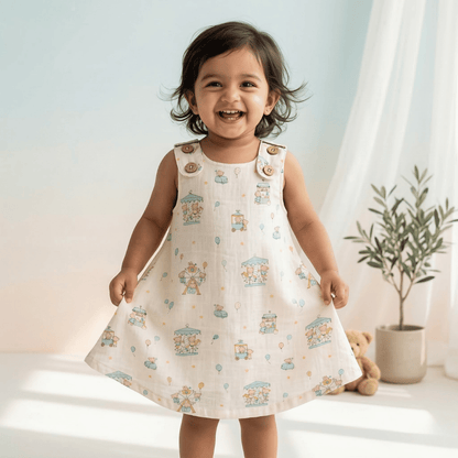 Soft Cotton Sleeveless Frock with Cute Shoulder Buttons