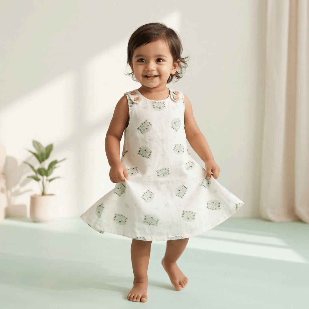 Soft Cotton Sleeveless Frock with Cute Shoulder Buttons