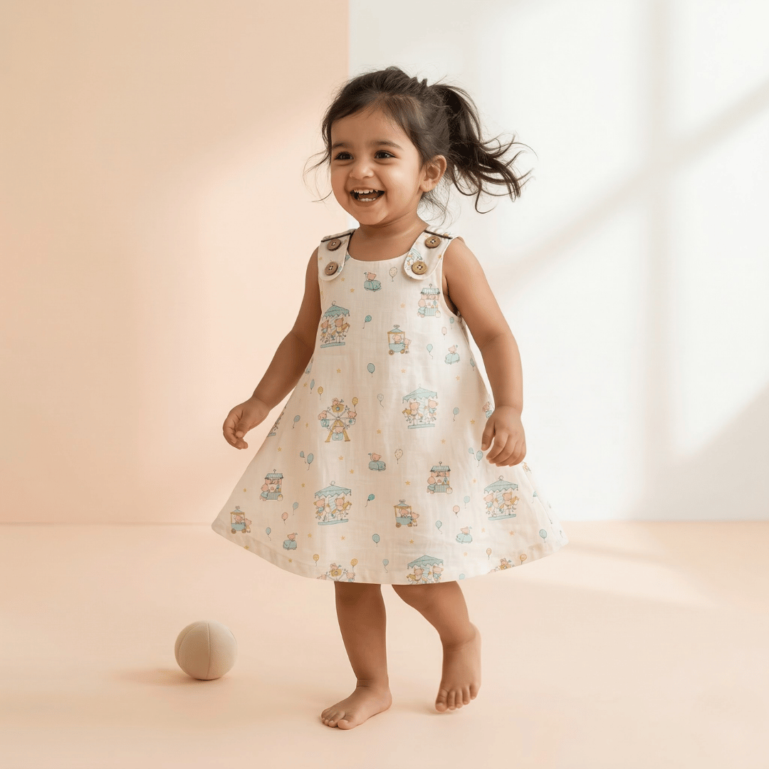 Soft Cotton Sleeveless Frock with Cute Shoulder Buttons