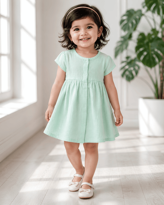 Premium Mint Muslin Half Sleeve Frock – 100% Organic Cotton Baby Dress