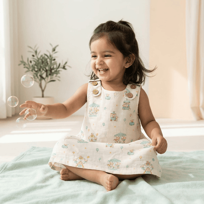 Carnival Print Soft Cotton Sleeveless Frock with Cute Shoulder Buttons