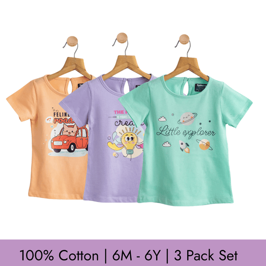 Todlerry Girls T-shirts | Pack of 3 |Soft & Breathable | 100% Cotton