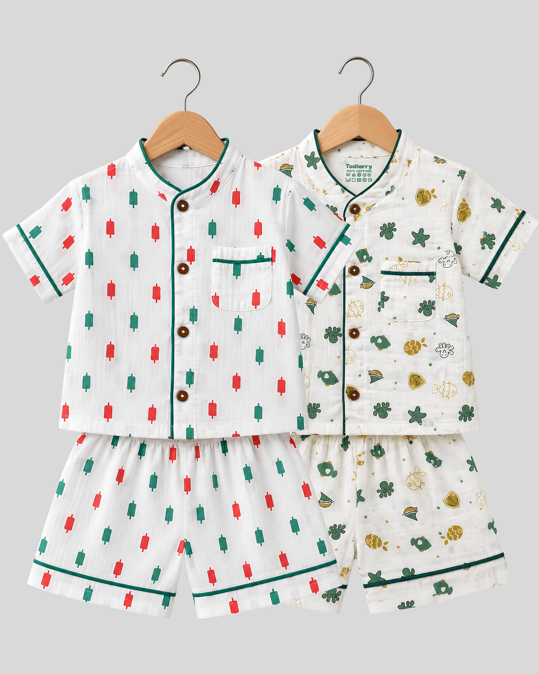Todlerry Pure Cotton Kids Nightsuits - Pack of 2 Short Sleeve Sets for Boys & Girls