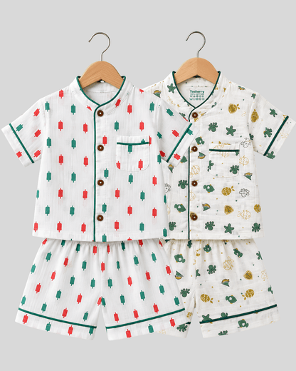Todlerry Pure Cotton Kids Nightsuits - Pack of 2 Short Sleeve Sets for Boys & Girls