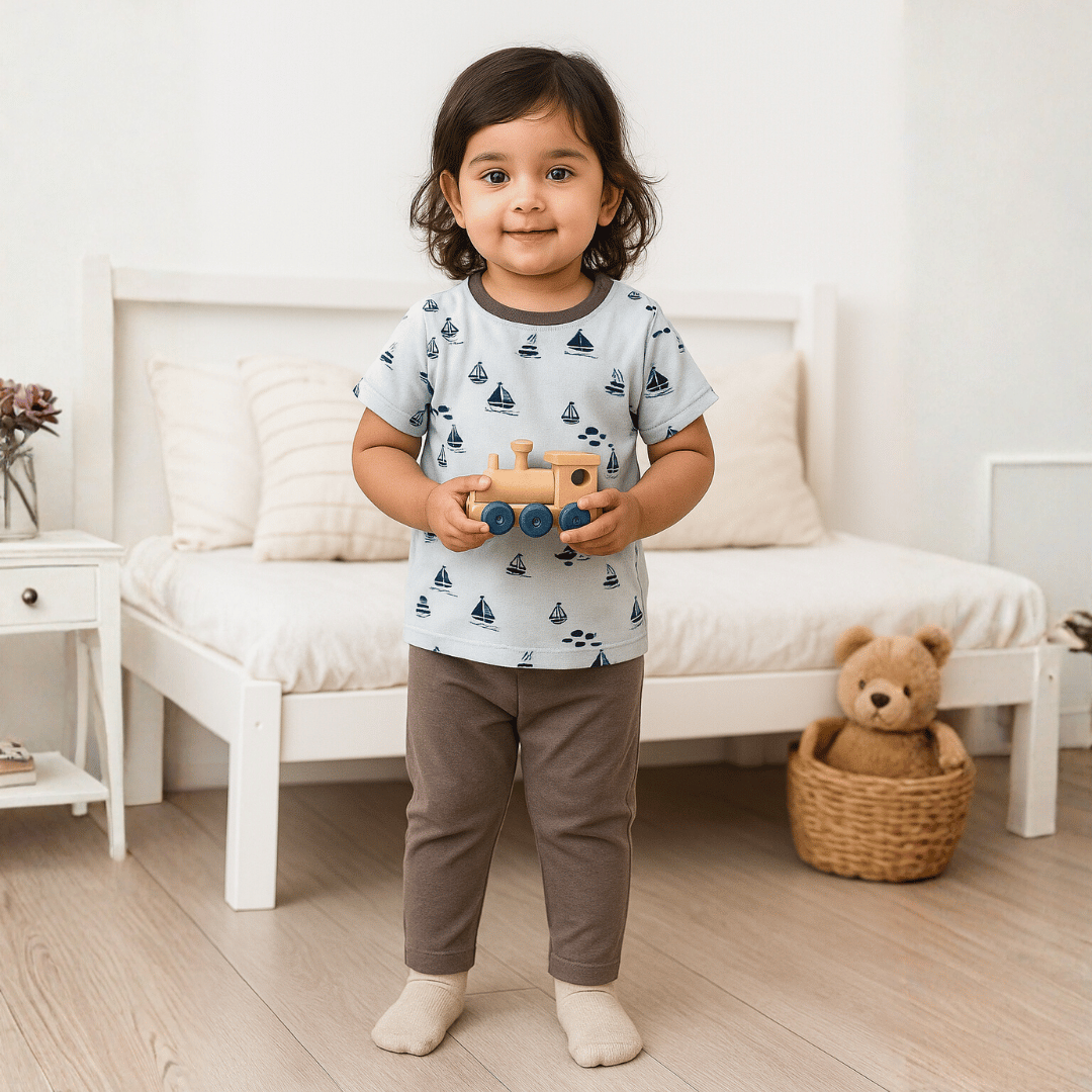 Unisex Pajama set Light blue Ship Print Soft & Breathable 100% Cotton