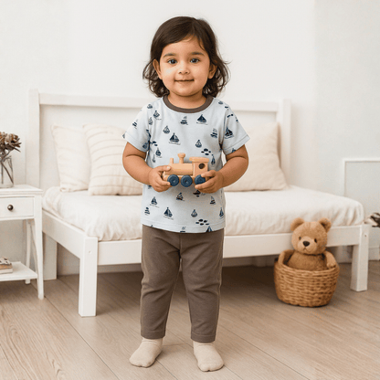 Unisex Pajama set Light blue Ship Print Soft & Breathable 100% Cotton