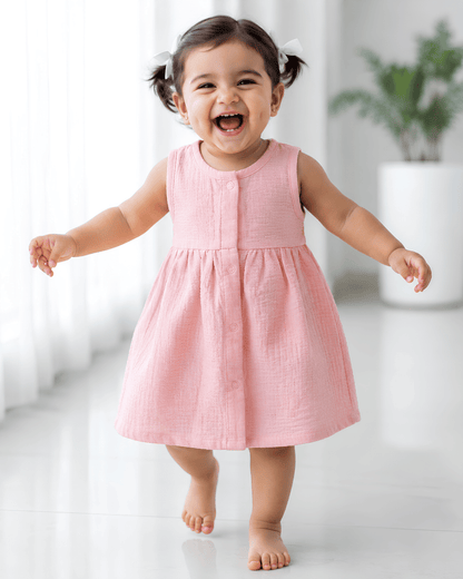 Premium Pink Muslin Sleeveless Frock – 100% Organic Cotton Baby Dress