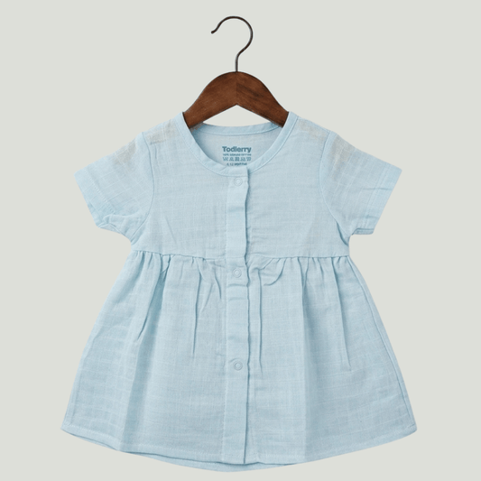 Premium Blue Muslin Half Sleeve Frock – 100% Organic Cotton Baby Dress