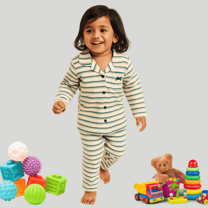 Todlerry Girls Night Suit | Green Strips print | Soft & Breathable | 100% Cotton