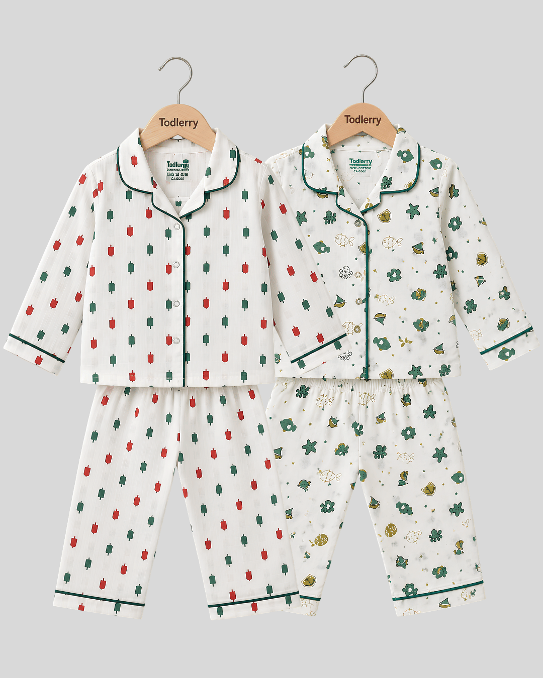 Todlerry Pure Cotton Kids Nightsuits - Pack of 2 Full Sleeve Sets for Boys & Girls