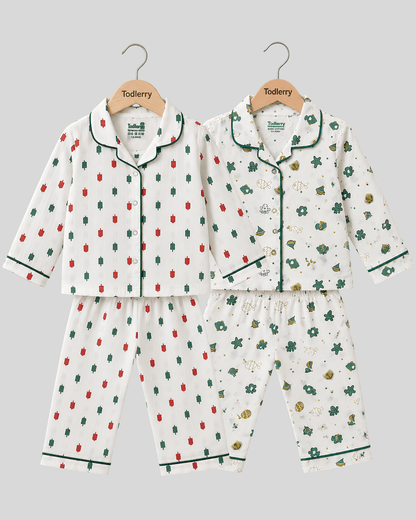 Todlerry Pure Cotton Kids Nightsuits - Pack of 2 Full Sleeve Sets for Boys & Girls