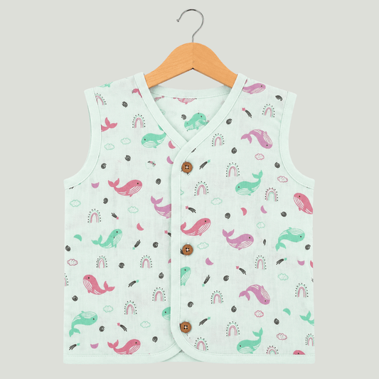Unisex Soft Cotton Sleeveless Mint Rainbow Whale Jhabla