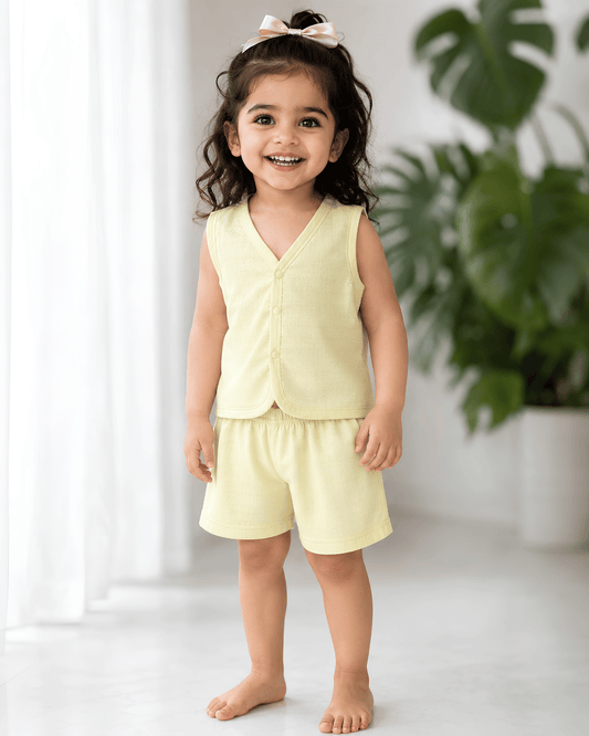 Soft Cotton Baby Light Yellow Colour Jhabla & Shorts Set