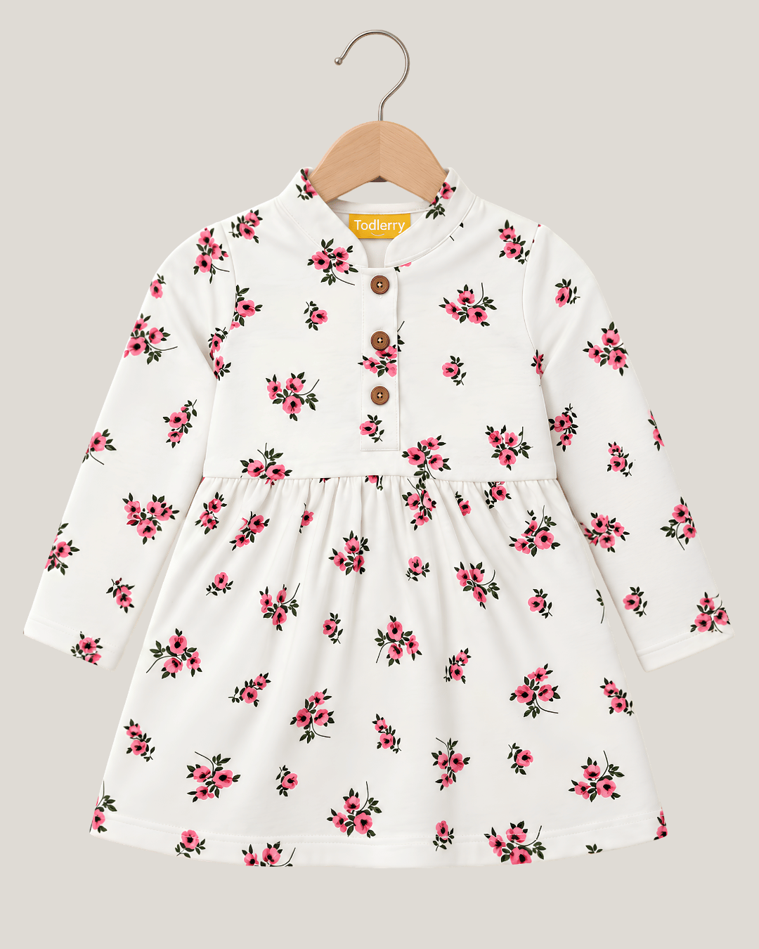Todlerry Girls Mandarin Collar Printed Warm Fleece Frock