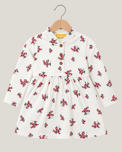 Todlerry Girls Mandarin Collar Printed Warm Fleece Frock