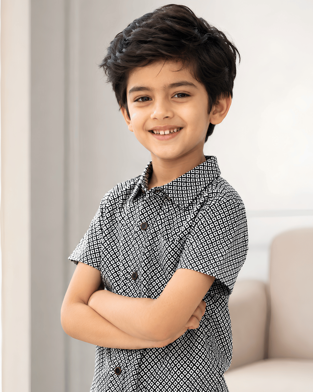 Boys Printed Pure Cotton Half Sleeve Shirt, Smart Geometric Print Casual Shirt for Toddlers & Kids