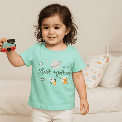 Girls Cotton T-Shirt Green Explore Print Soft & Breathable 100% Cotton