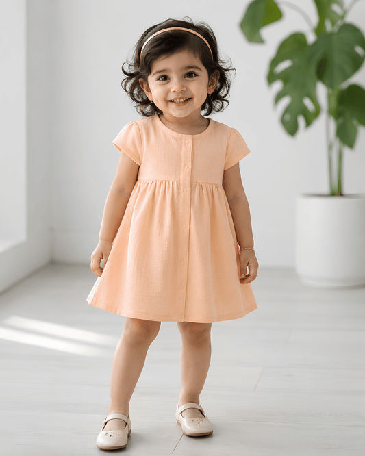 Premium Apricot Muslin Half Sleeve Frock – 100% Organic Cotton Baby Dress