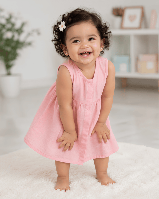 Premium Pink Muslin Sleeveless Frock – 100% Organic Cotton Baby Dress