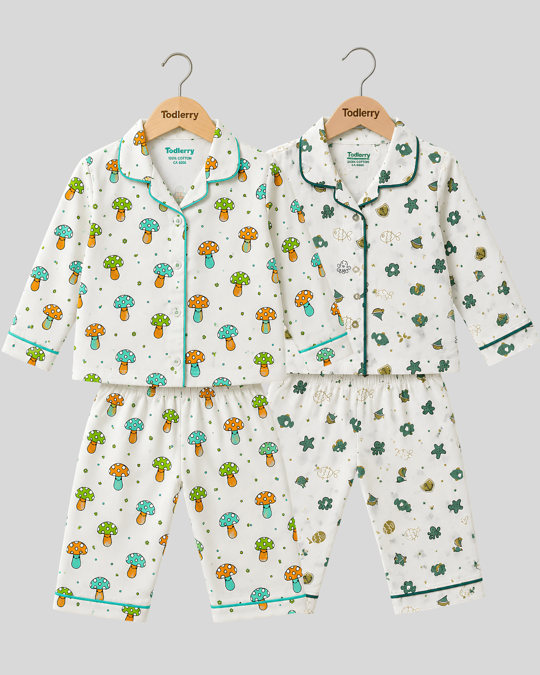 Todlerry Pure Cotton Kids Nightsuits - Pack of 2 Full Sleeve Sets for Boys & Girls
