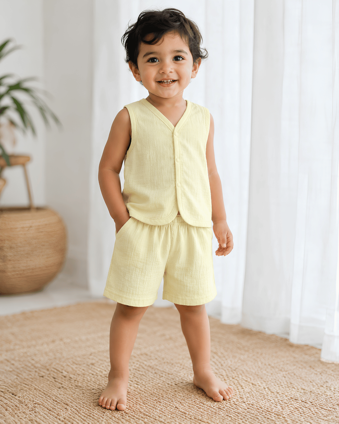 Soft Cotton Baby Light Yellow Colour Jhabla & Shorts Set