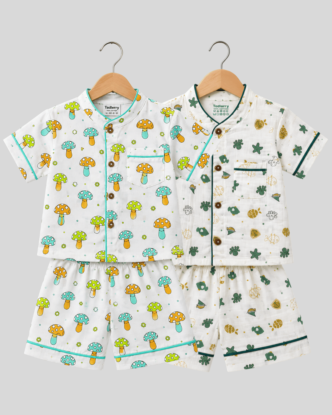 Todlerry Pure Cotton Kids Nightsuits - Pack of 2 Short Sleeve Sets for Boys & Girls