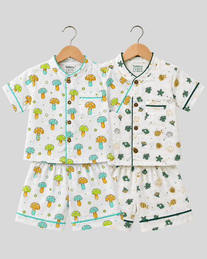 Todlerry Pure Cotton Kids Nightsuits - Pack of 2 Short Sleeve Sets for Boys & Girls