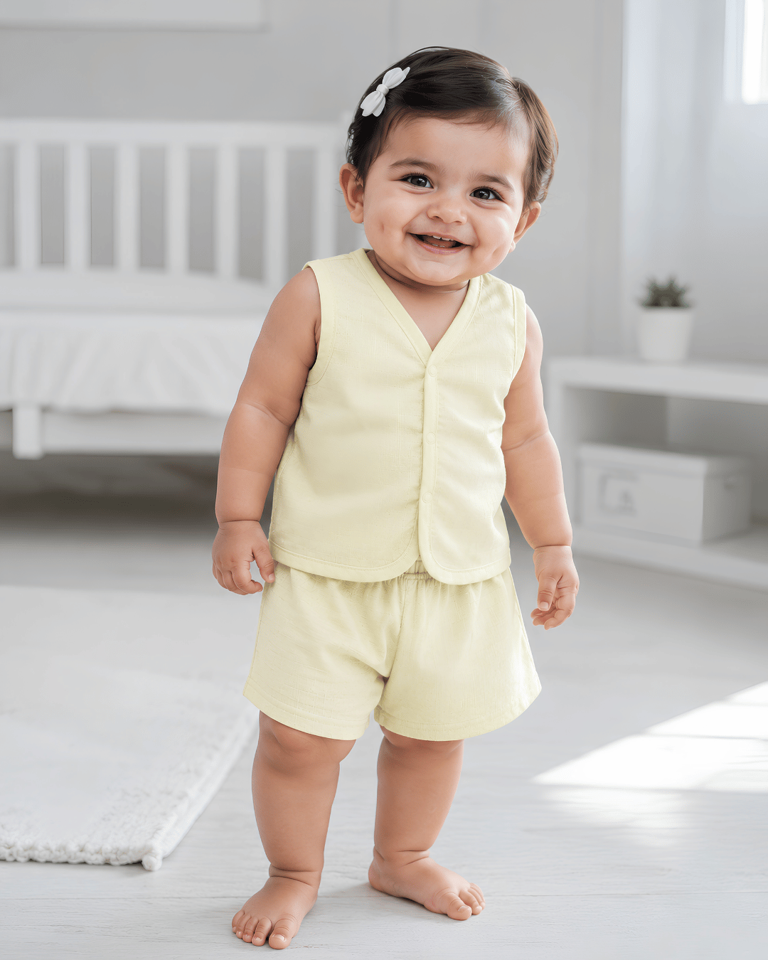 Soft Cotton Baby Light Yellow Colour Jhabla & Shorts Set