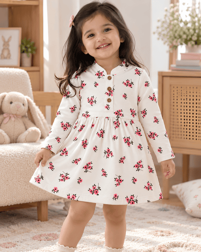Todlerry Girls Mandarin Collar Printed Warm Fleece Frock
