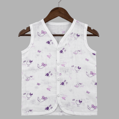 Purple Birdie Summer Cotton Snap Up Jhabla & Shorts Set