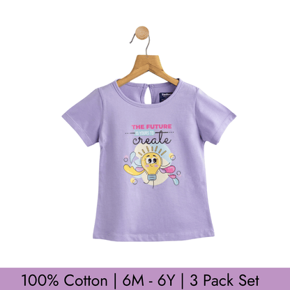 Todlerry Girls T-shirts | Pack of 3 |Soft & Breathable | 100% Cotton