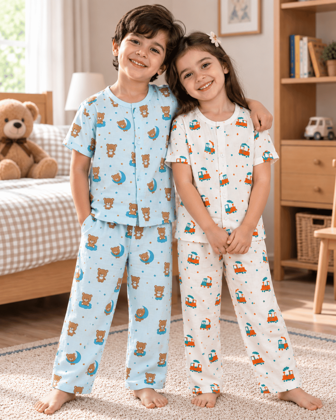 Cotton Kids Nightsuits - Pack of 2 Short Sleeve Sets for Boys & Girls