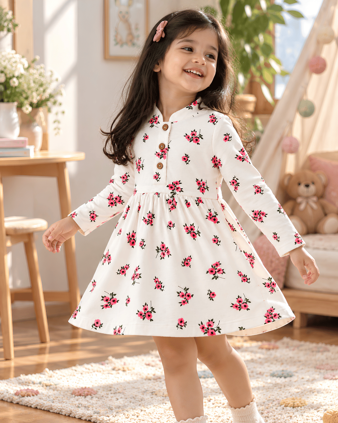 Todlerry Girls Mandarin Collar Printed Warm Fleece Frock