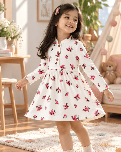 Todlerry Girls Mandarin Collar Printed Warm Fleece Frock