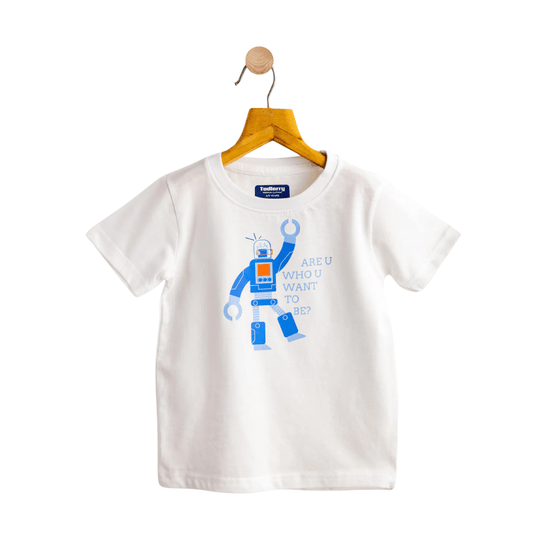 Todlerry Boys Cotton T-Shirt | White Robot Print | Soft & Breathable | 100% Cotton